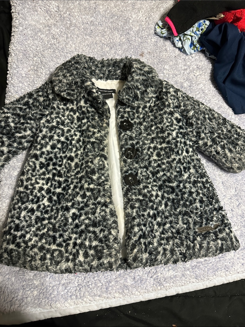 Calvin Klein Girls Black & White Faux Fur Leopard Pea Coat